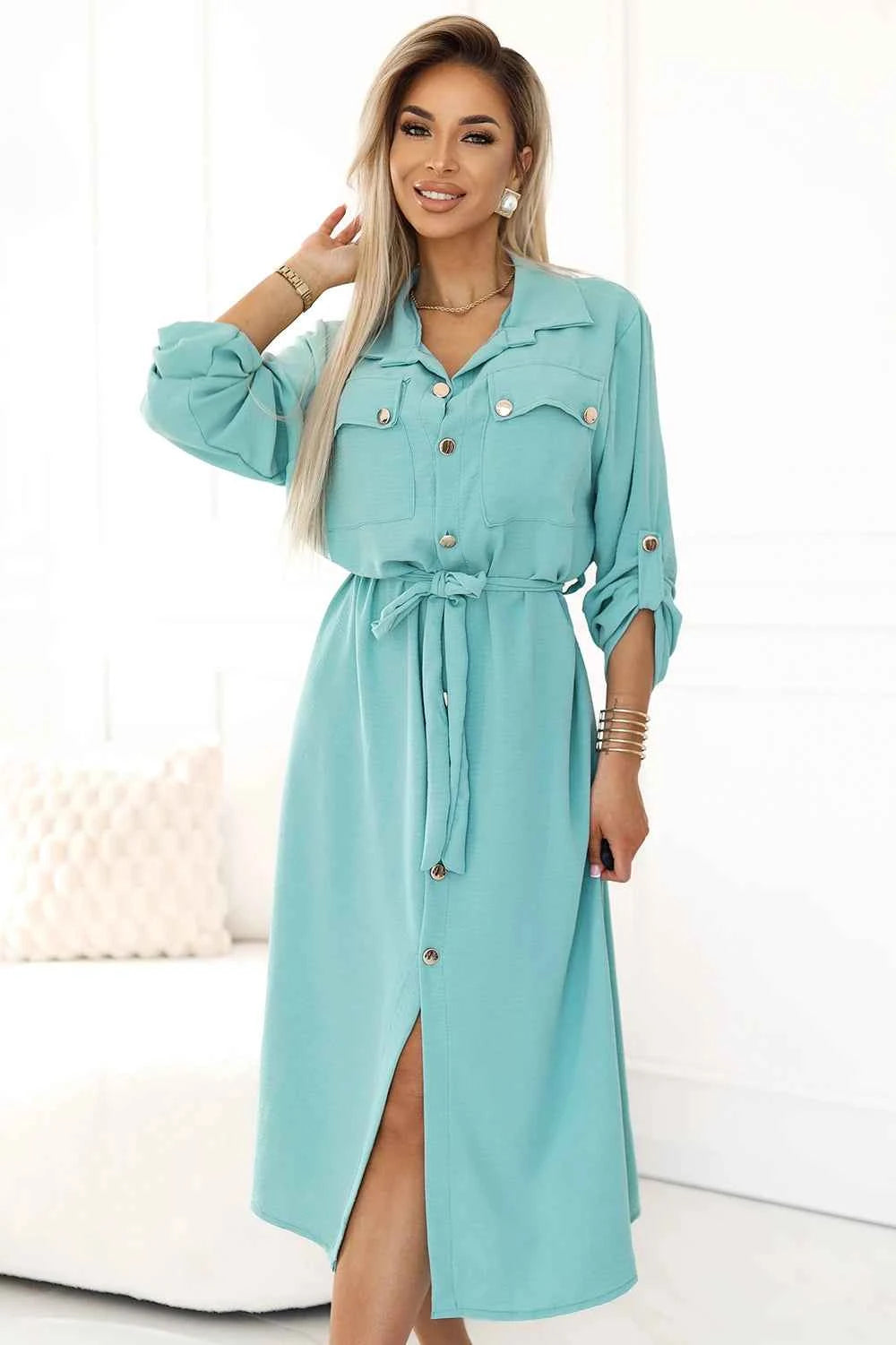 531-2 Rochie camasa midi cu nasturi si cravate aurii - menta