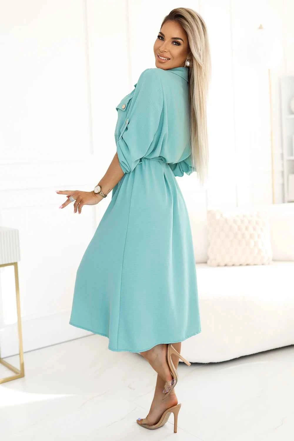 531-2 Rochie camasa midi cu nasturi si cravate aurii - menta
