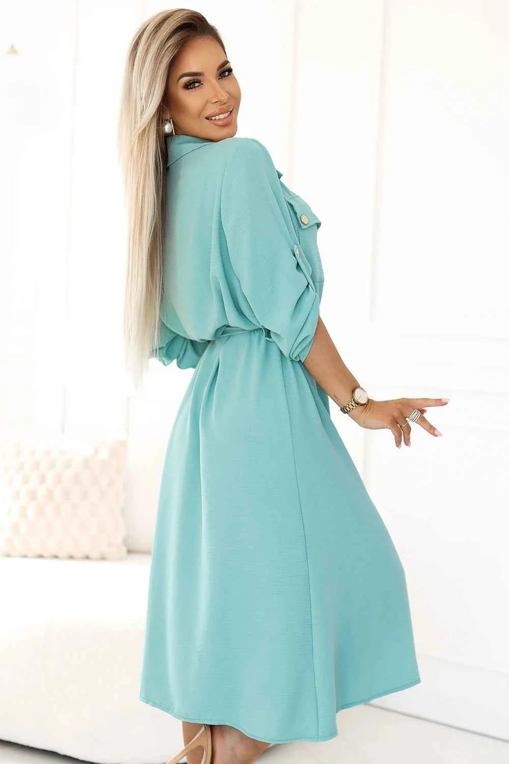 531-2 Rochie camasa midi cu nasturi si cravate aurii - menta