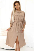 531-3 Rochie camasa midi cu nasturi si cravate aurii - MOCHA MOUSSE