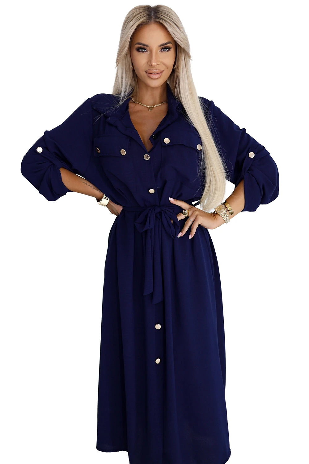 531-6 Rochie midi cu nasturi aurii și cravată - Bleumarin