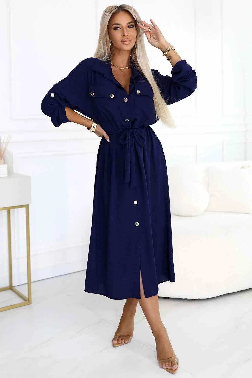 531-6 Rochie midi cu nasturi aurii și cravată - Bleumarin