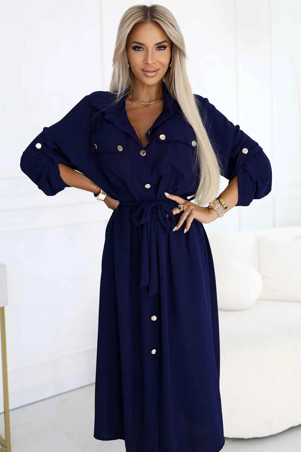 531-6 Rochie midi cu nasturi aurii și cravată - Bleumarin