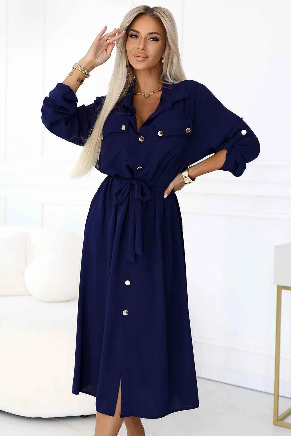 531-6 Rochie midi cu nasturi aurii și cravată - Bleumarin