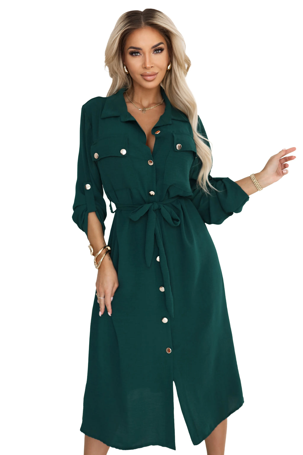 531-7 Rochie midi cu nasturi aurii și nodă - verde