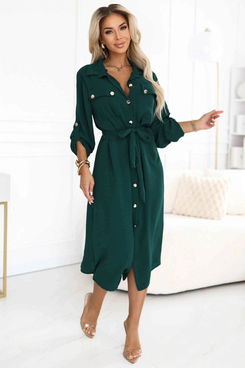 531-7 Rochie midi cu nasturi aurii și nodă - verde