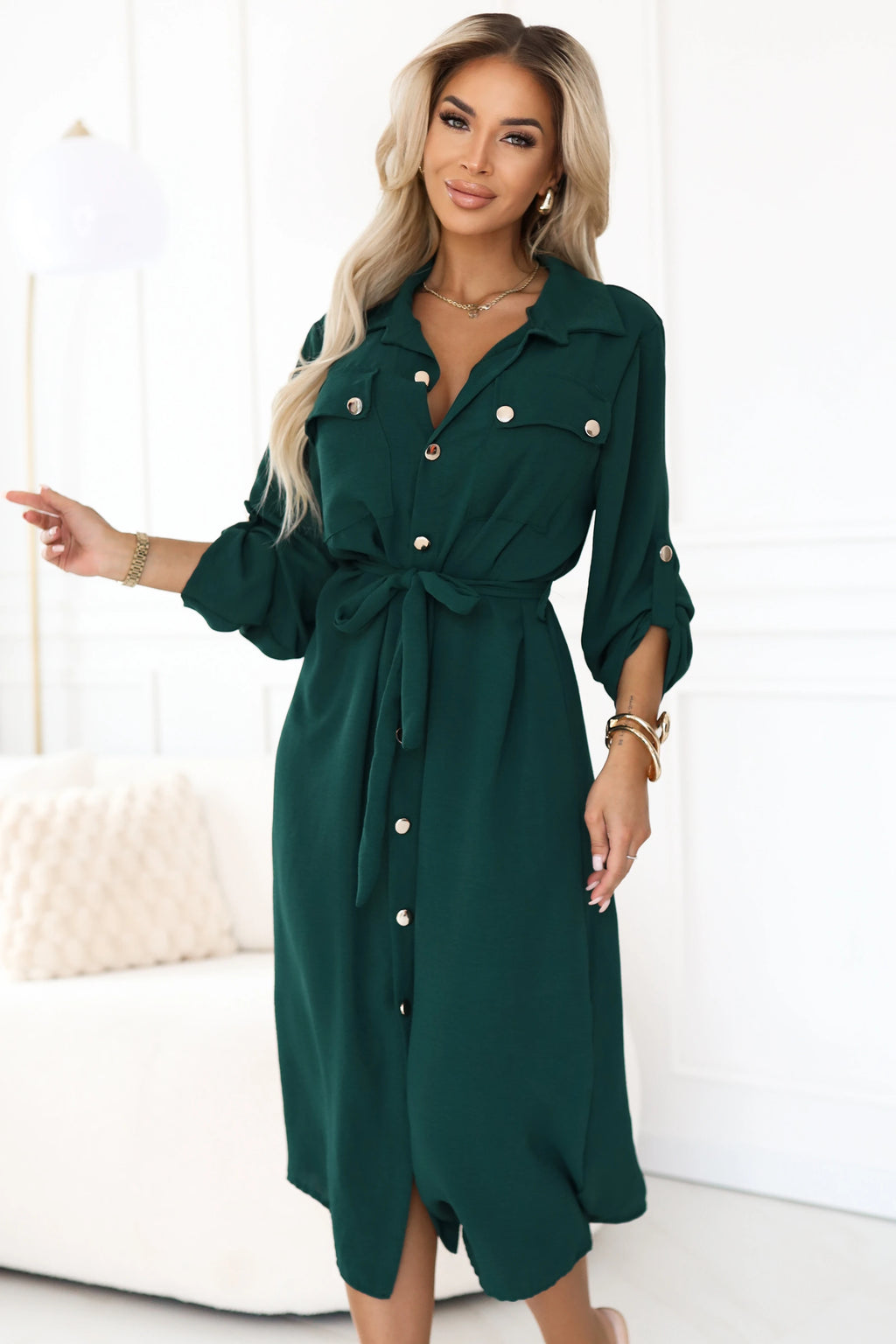 531-7 Rochie midi cu nasturi aurii și nodă - verde