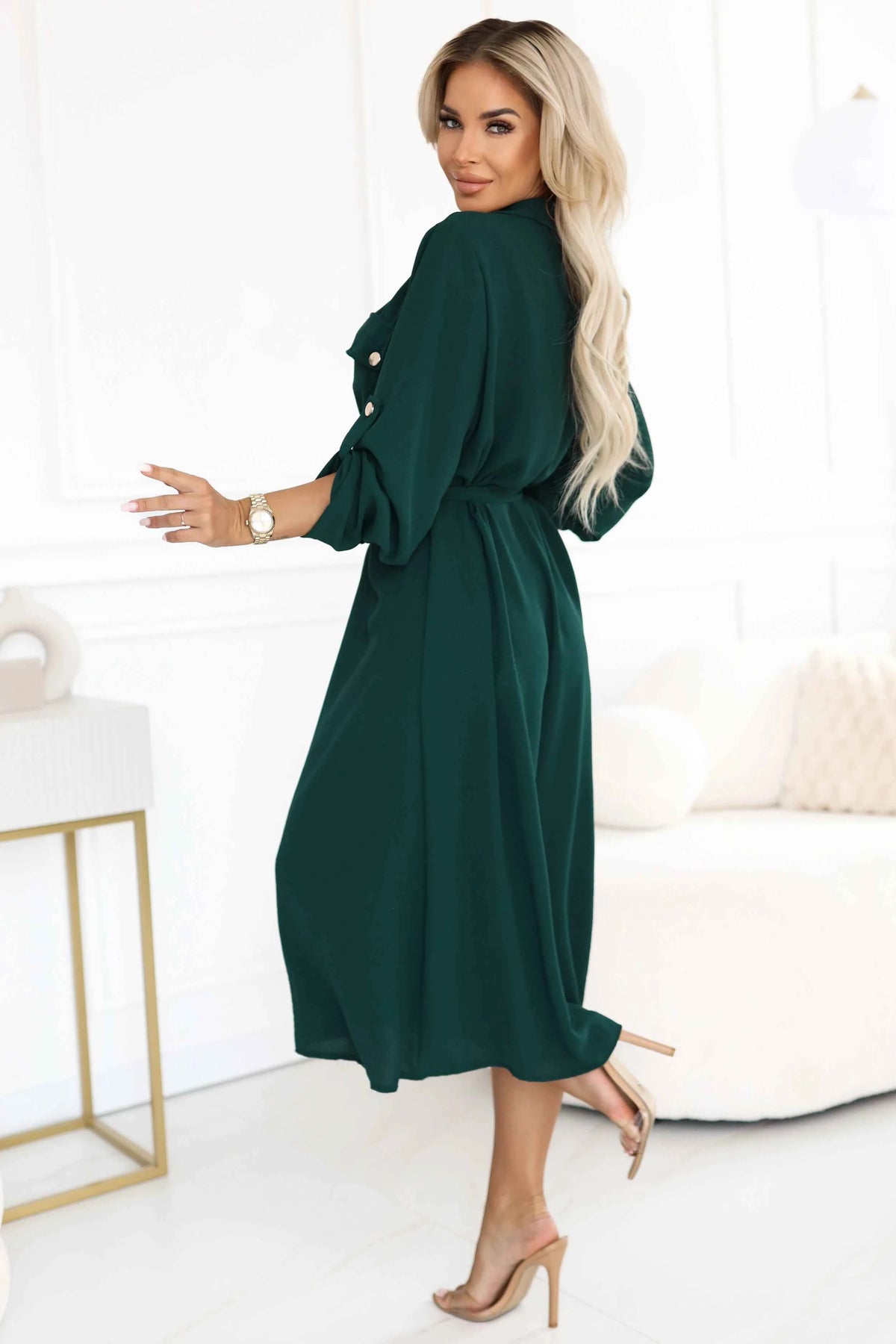 531-7 Rochie midi cu nasturi aurii și nodă - verde