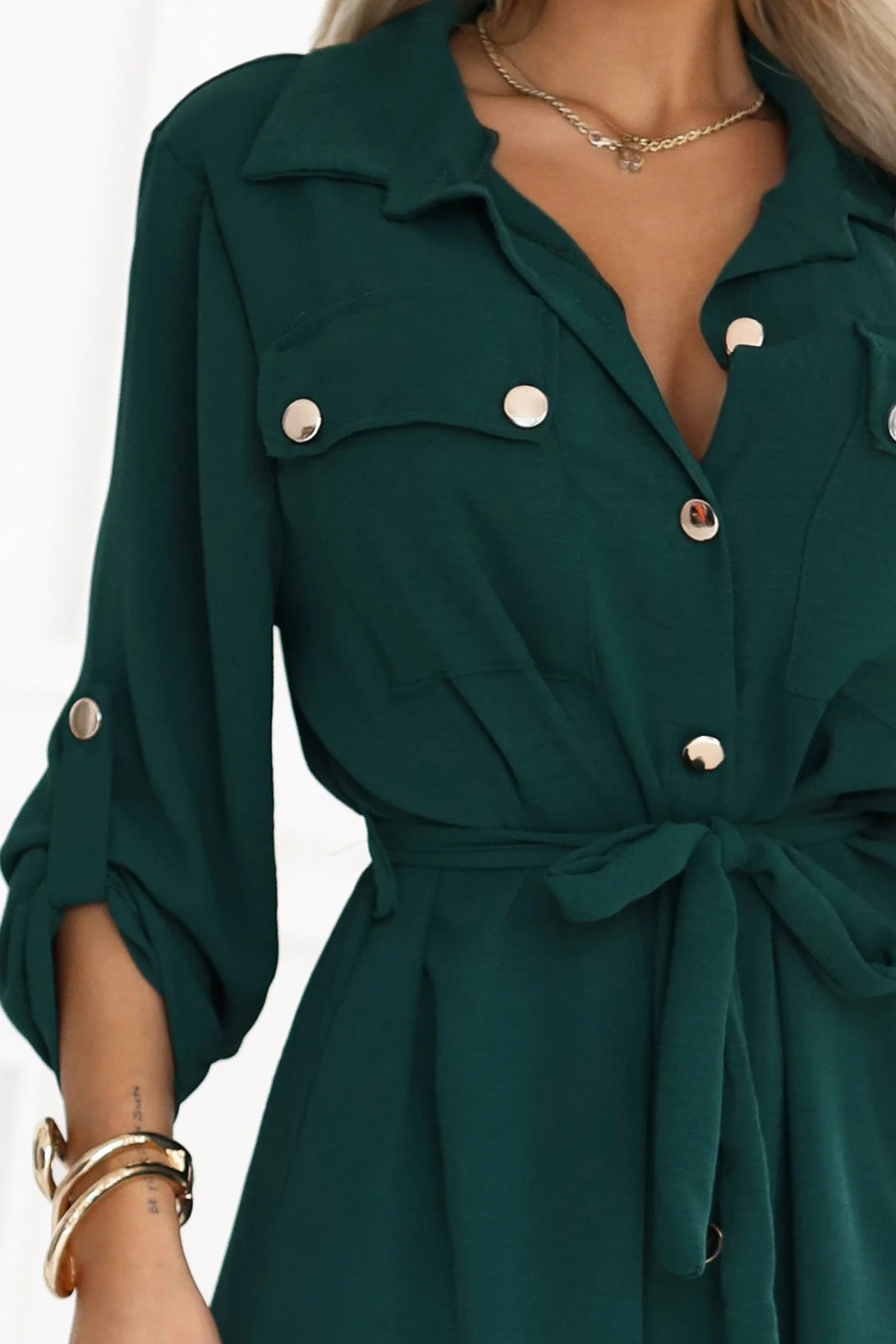 531-7 Rochie midi cu nasturi aurii și nodă - verde