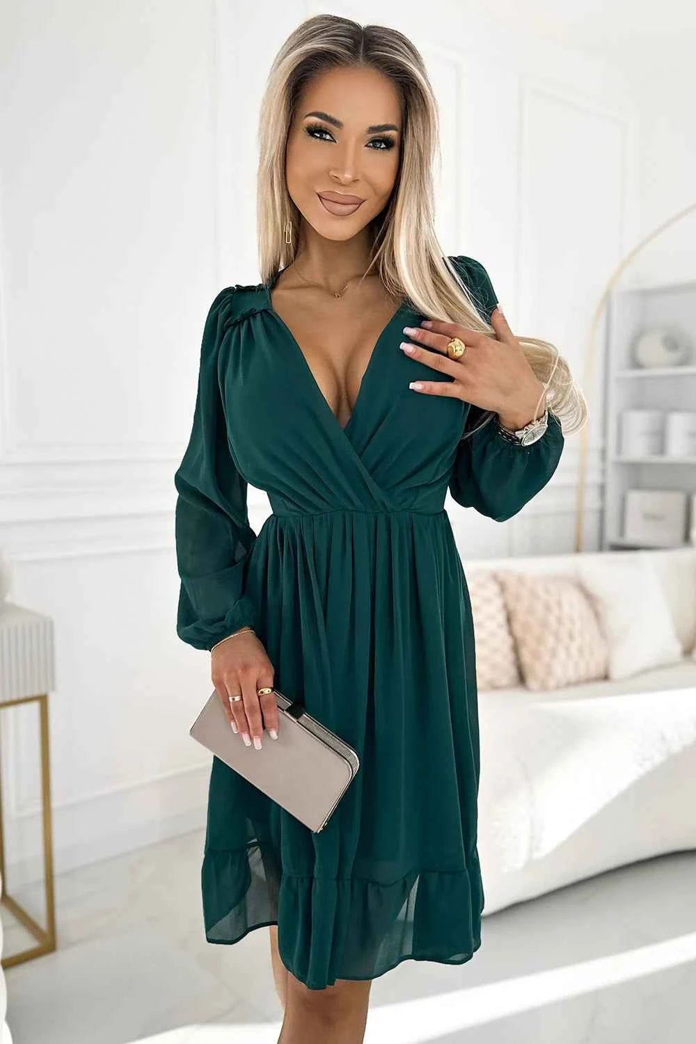 538-2 MILA Rochie midi din sifon cu maneci lungi si decolteu - verde