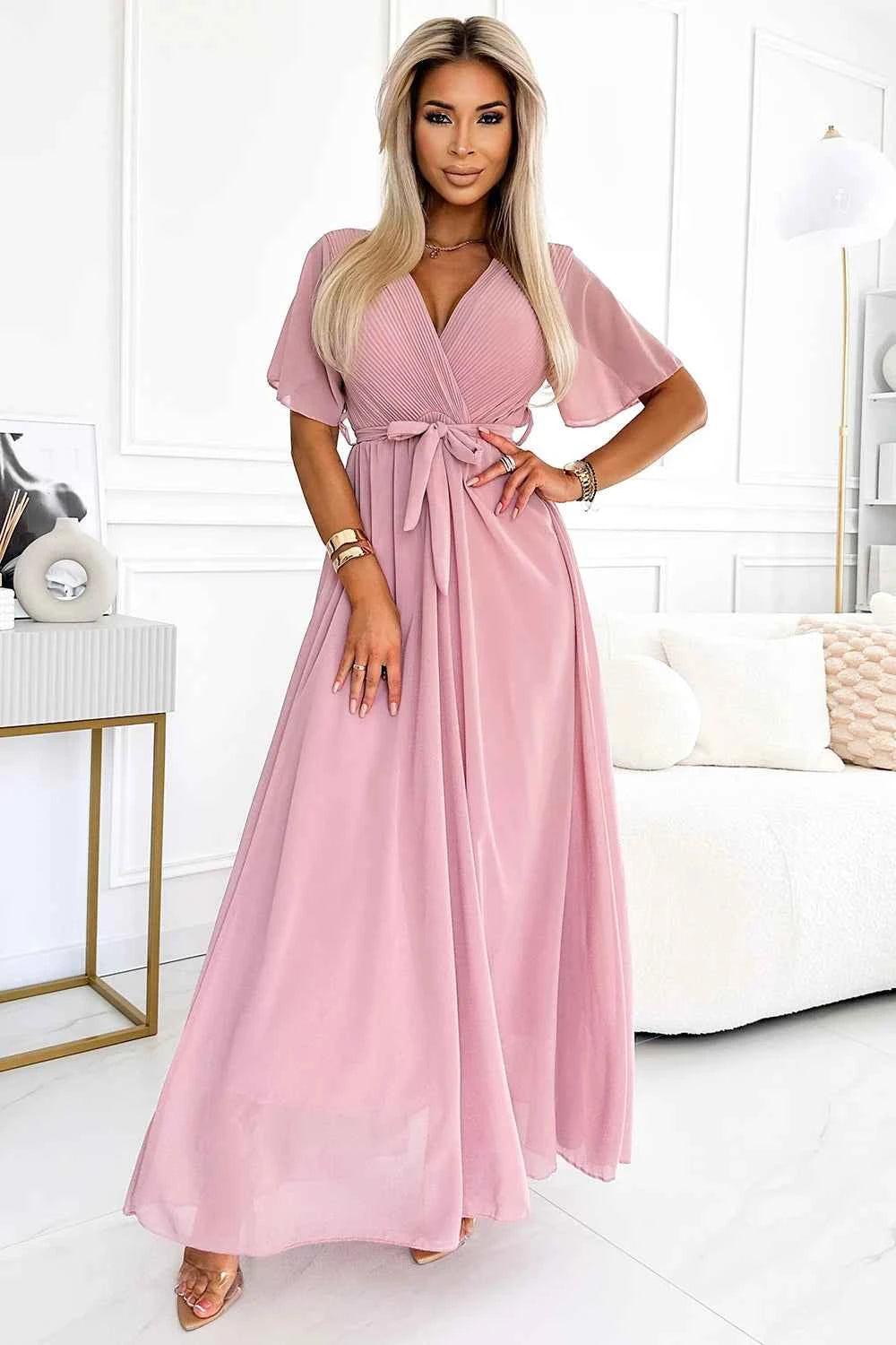 545-1 Rochie lunga cu decolteu plisat si cravate - roz pudrat