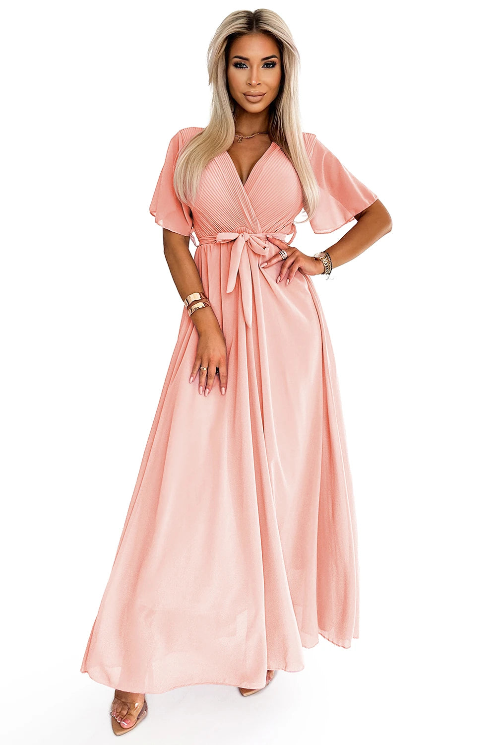 545-4 Rochie lungă cu decolteu plisat și nod - culoarea piersicii