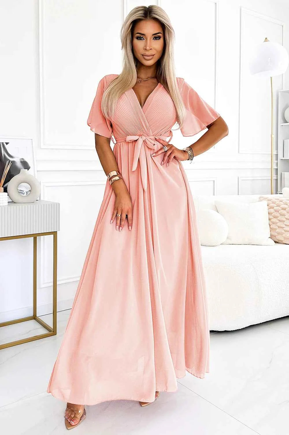 545-4 Rochie lungă cu decolteu plisat și nod - culoarea piersicii