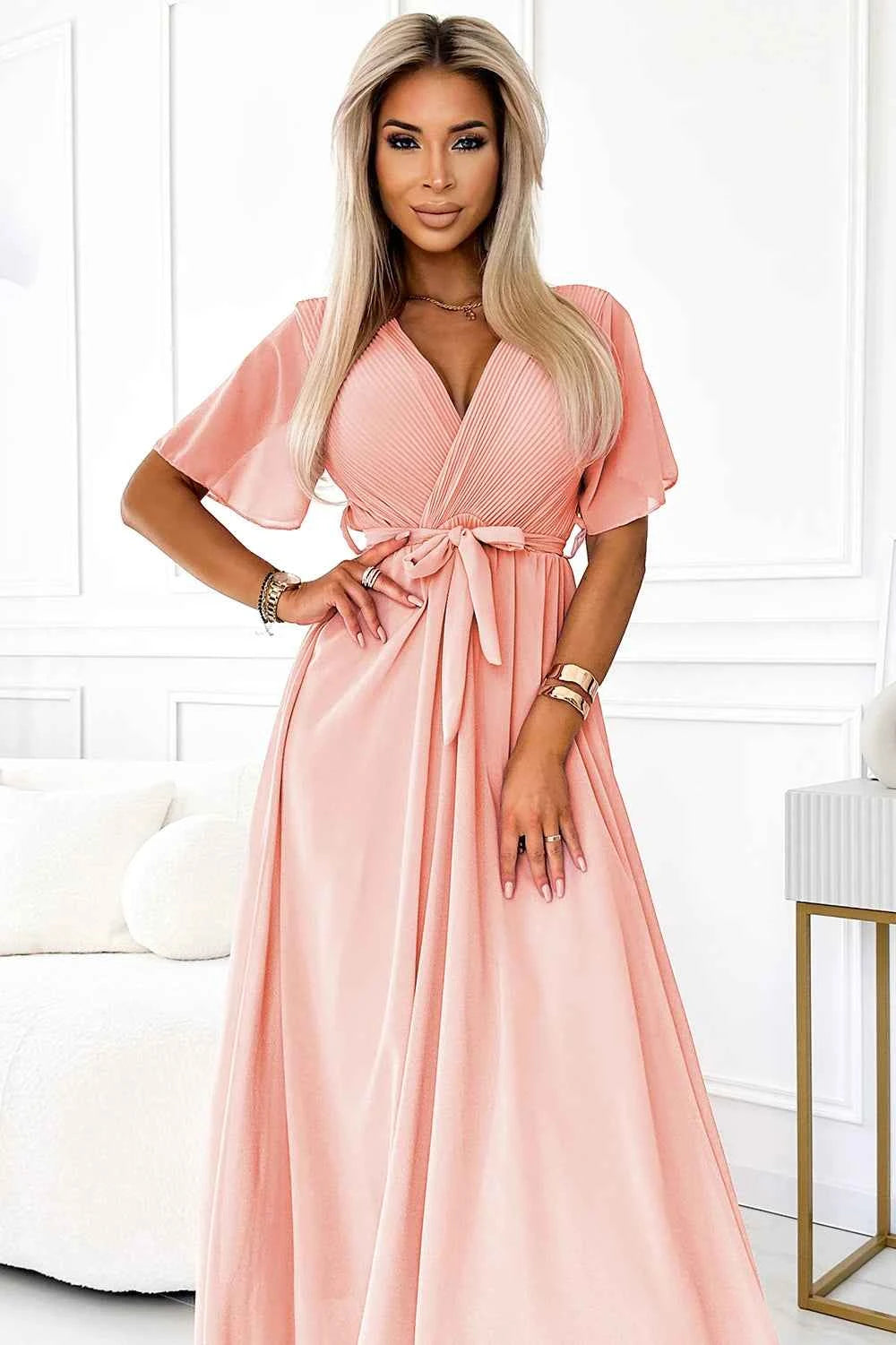 545-4 Rochie lungă cu decolteu plisat și nod - culoarea piersicii