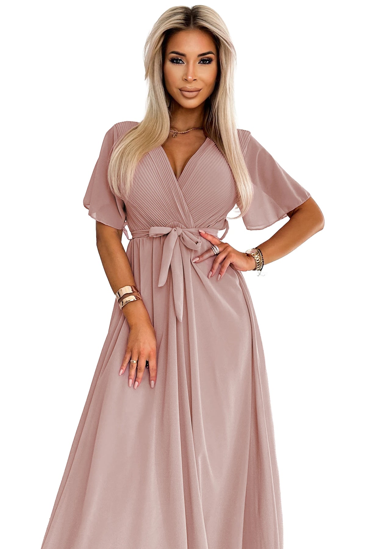 545-6 Rochie lungă cu decolteu plisat și nod - taupe