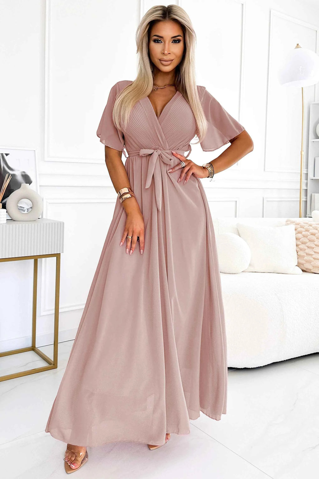 545-6 Rochie lungă cu decolteu plisat și nod - taupe