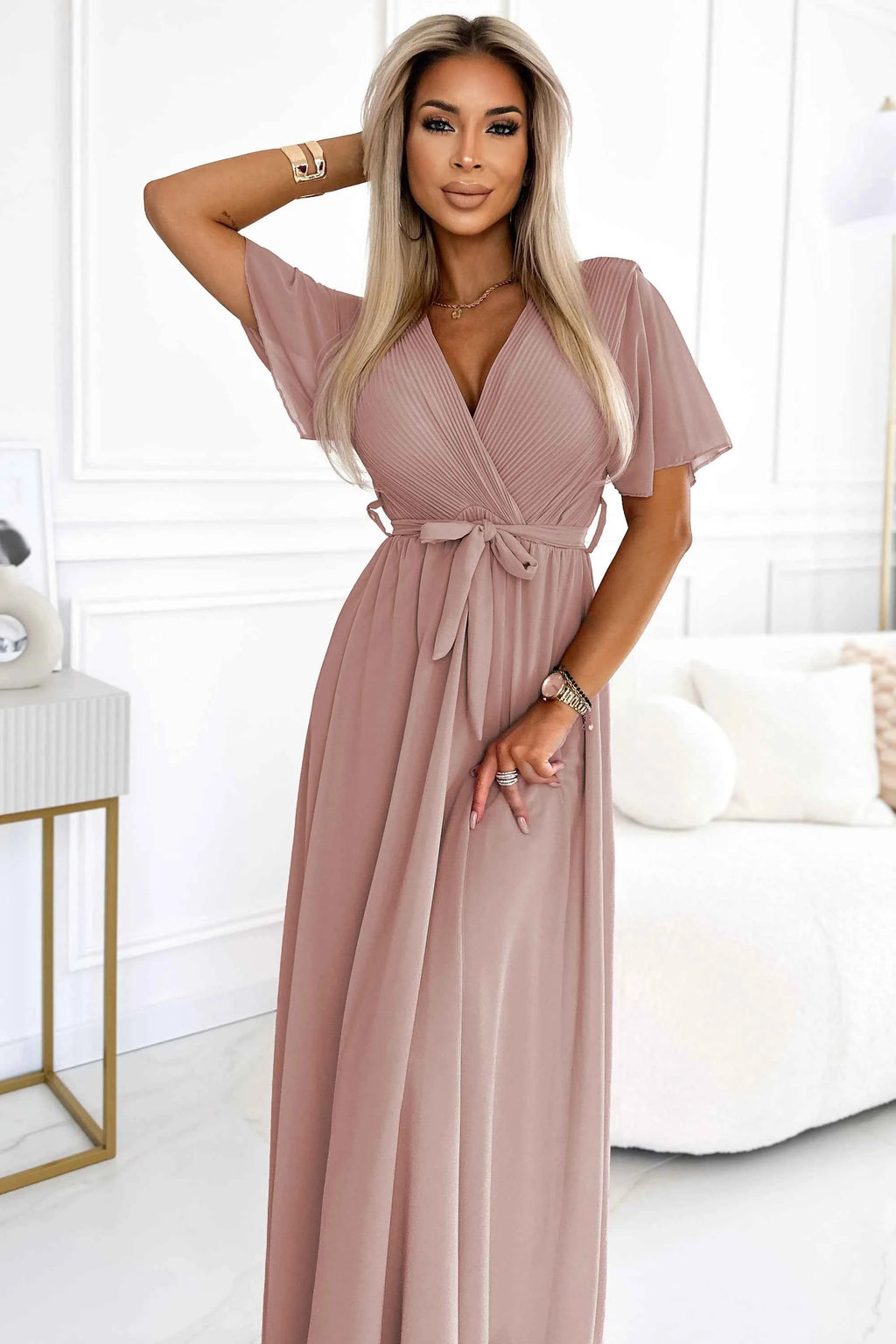 545-6 Rochie lungă cu decolteu plisat și nod - taupe