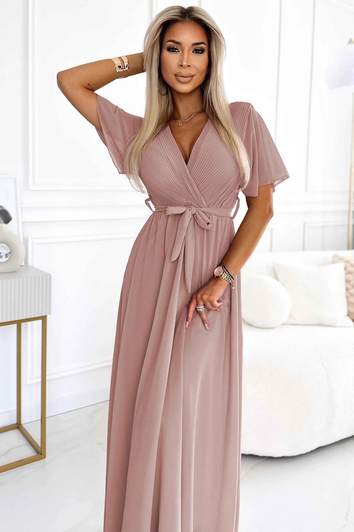 545-6 Rochie lungă cu decolteu plisat și nod - taupe