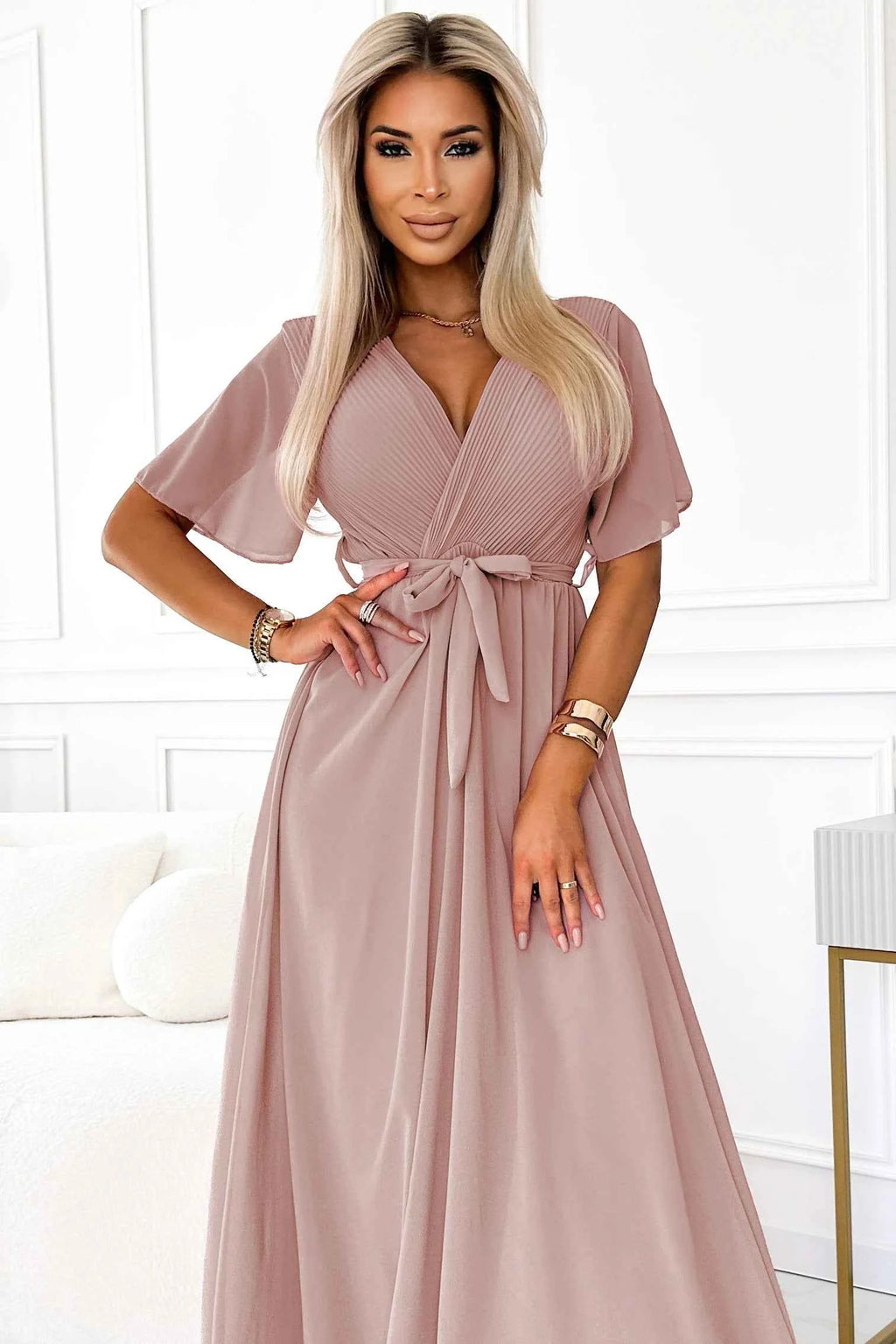545-6 Rochie lungă cu decolteu plisat și nod - taupe