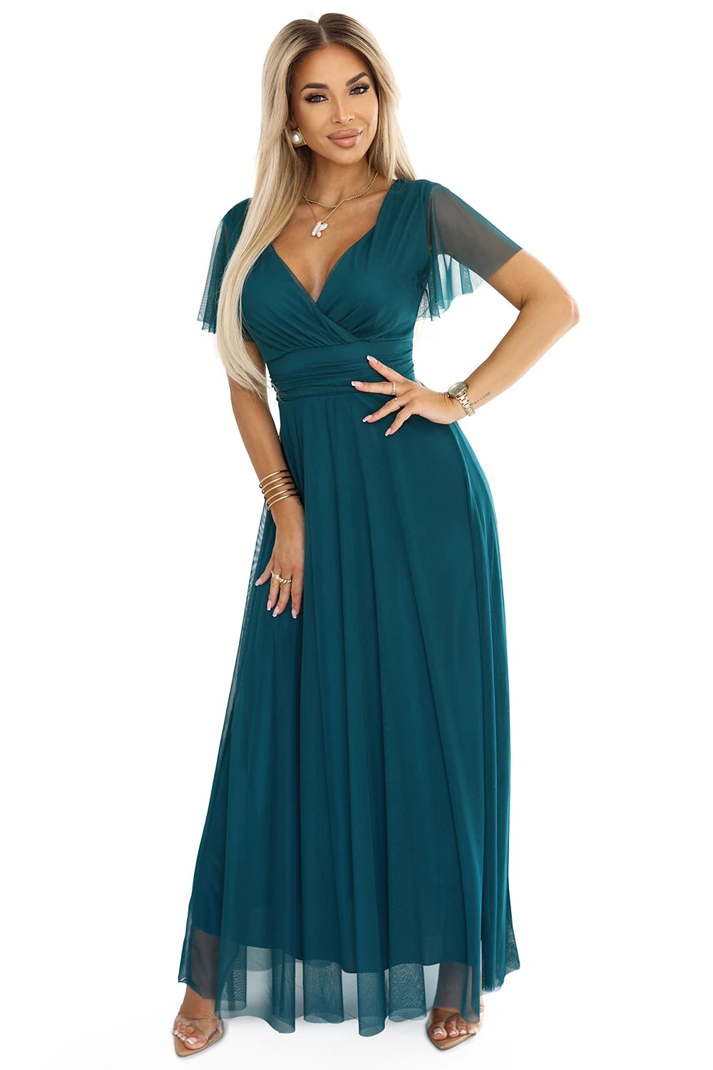 562-4 NASTIA Rochie lunga cu decolteu si maneci scurte - verde