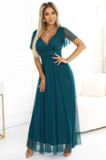 562-4 NASTIA Rochie lunga cu decolteu si maneci scurte - verde