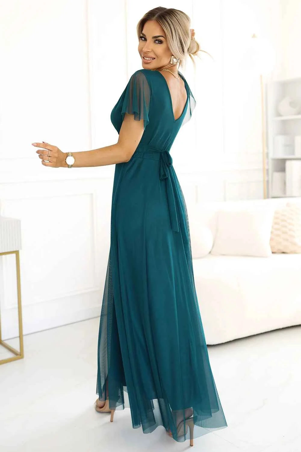 562-4 NASTIA Rochie lunga cu decolteu si maneci scurte - verde