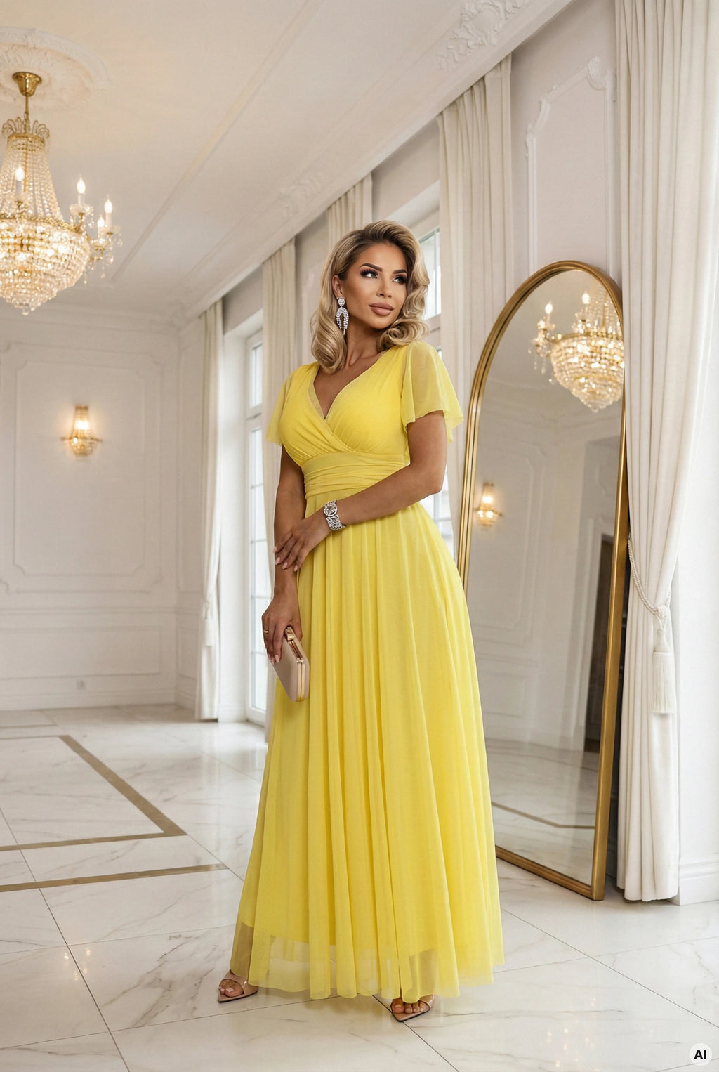 562-8 NASTIA Rochie lungă cu decolteu, nod și mâneci scurte - limoncello cu lămâie