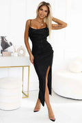563-2 COSIMA Rochie drapată strălucitoare și elegantă - negru