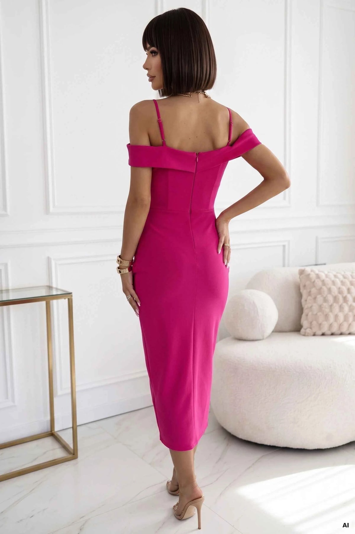 564-13 CALLIE Rochie midi cu umeri goi și decolteu - fucsia
