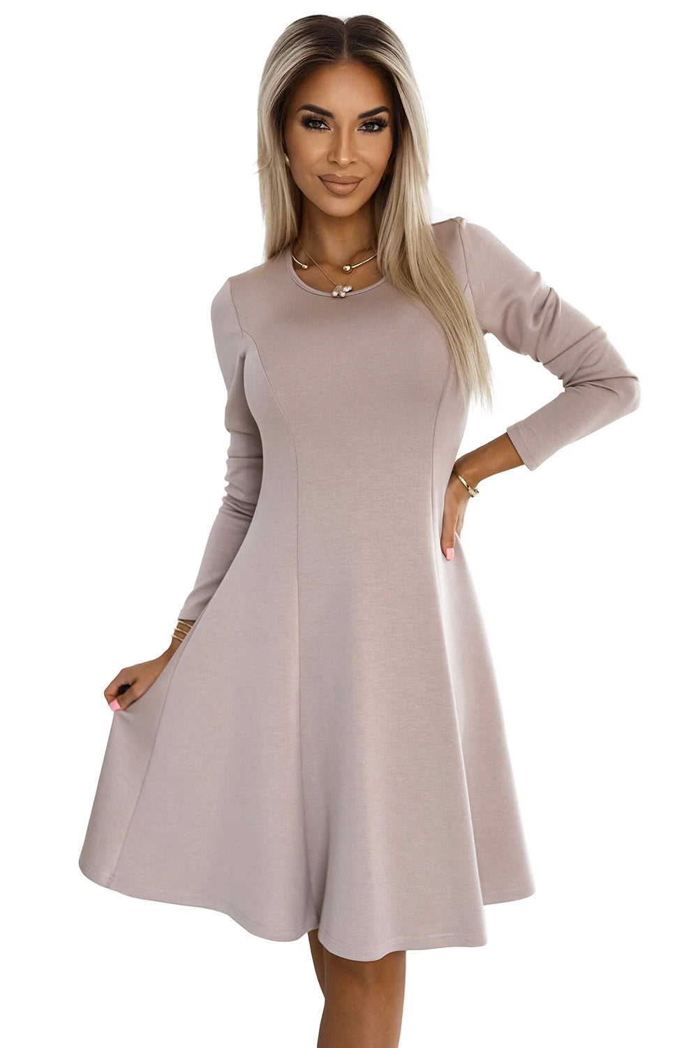 567-1 Rochie trapez confortabilă cu mâneci lungi - bej