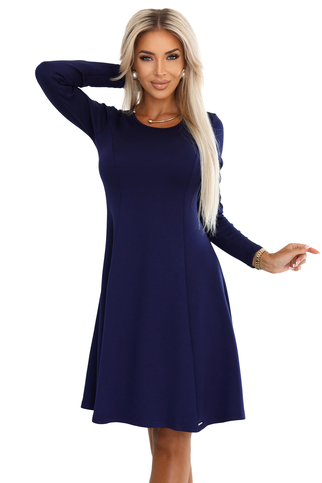 567-2 Rochie trapez confortabilă cu mâneci lungi - bleumarin