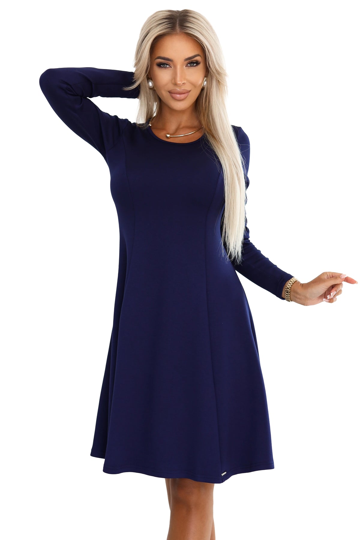 567-2 Rochie trapez confortabilă cu mâneci lungi - bleumarin