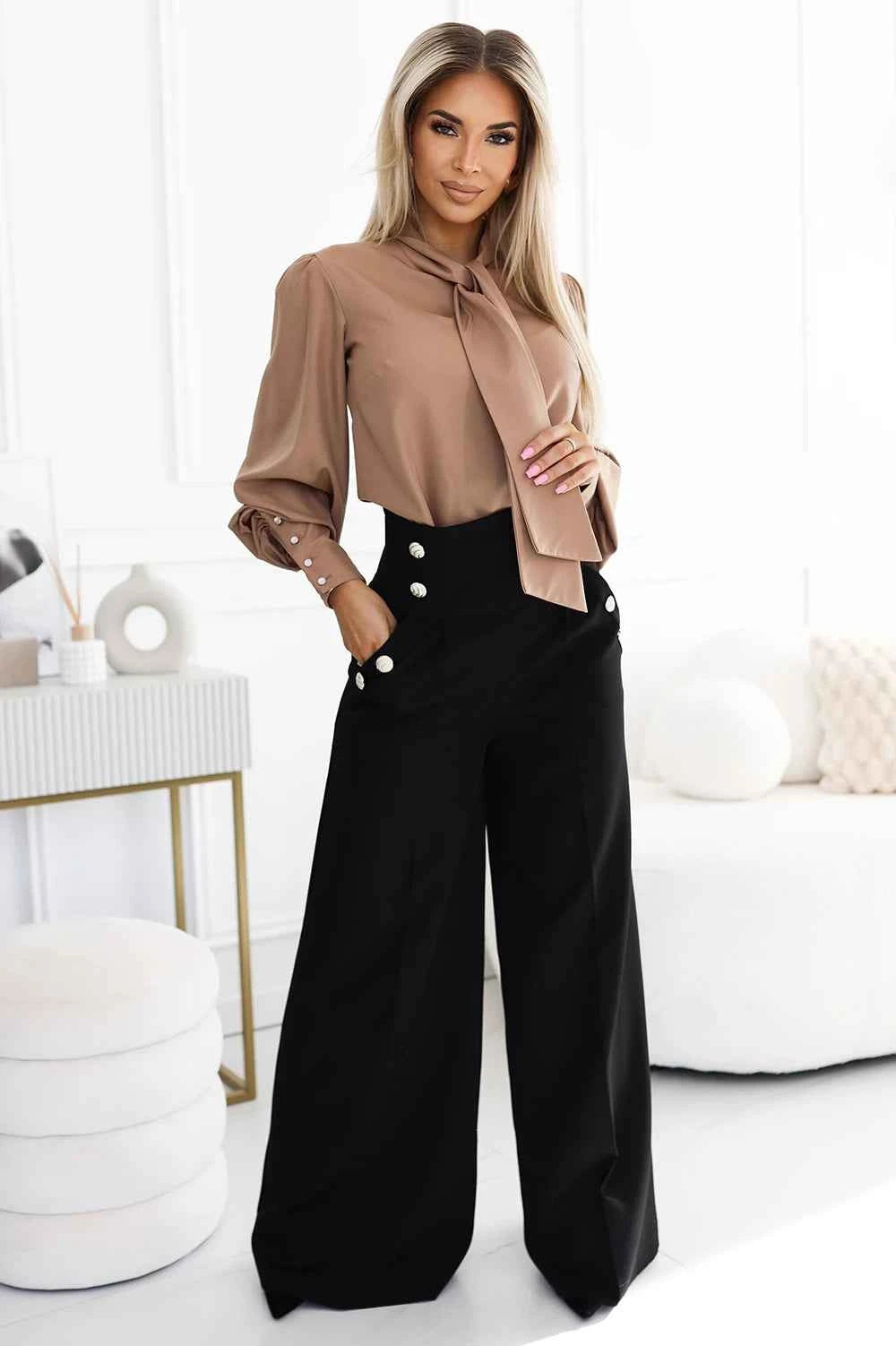 578-1 O bluză business unică cu mâneci lungi, cravate și nasturi - culoare caramel - mocha mousse