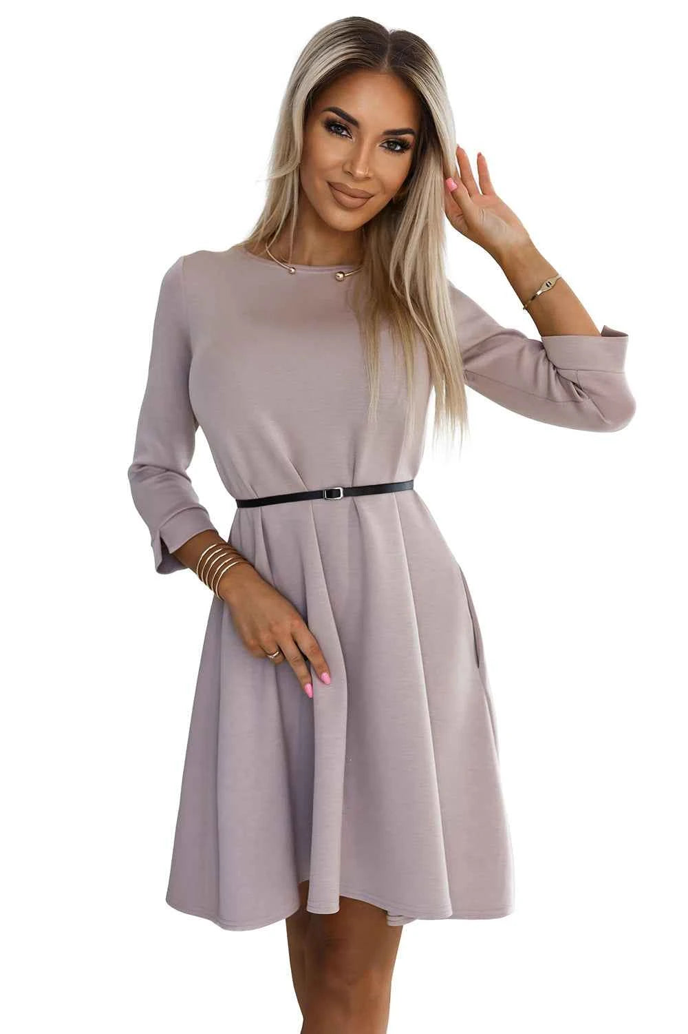 579-1 Rochie clasica trapez cu centura neagra - bej