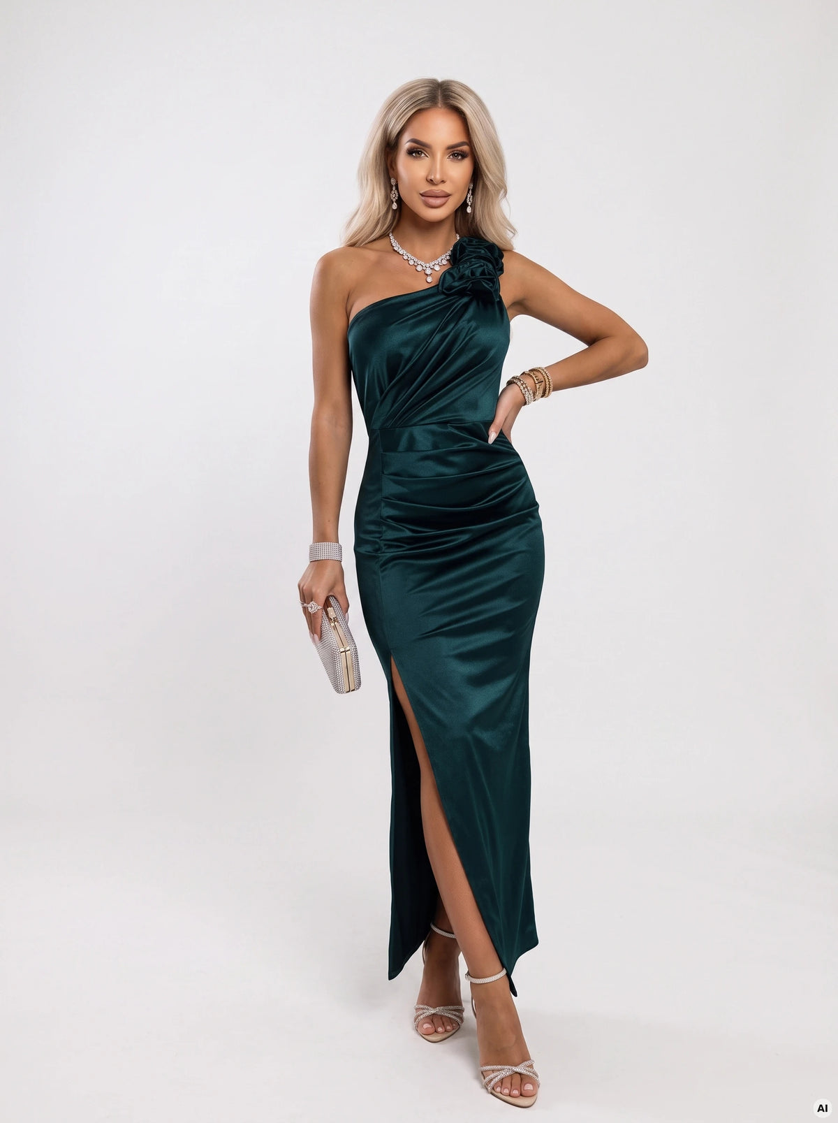 580-7 AURORA Rochie lungă din satin cu un umăr gol și trandafiri - verde sticlă