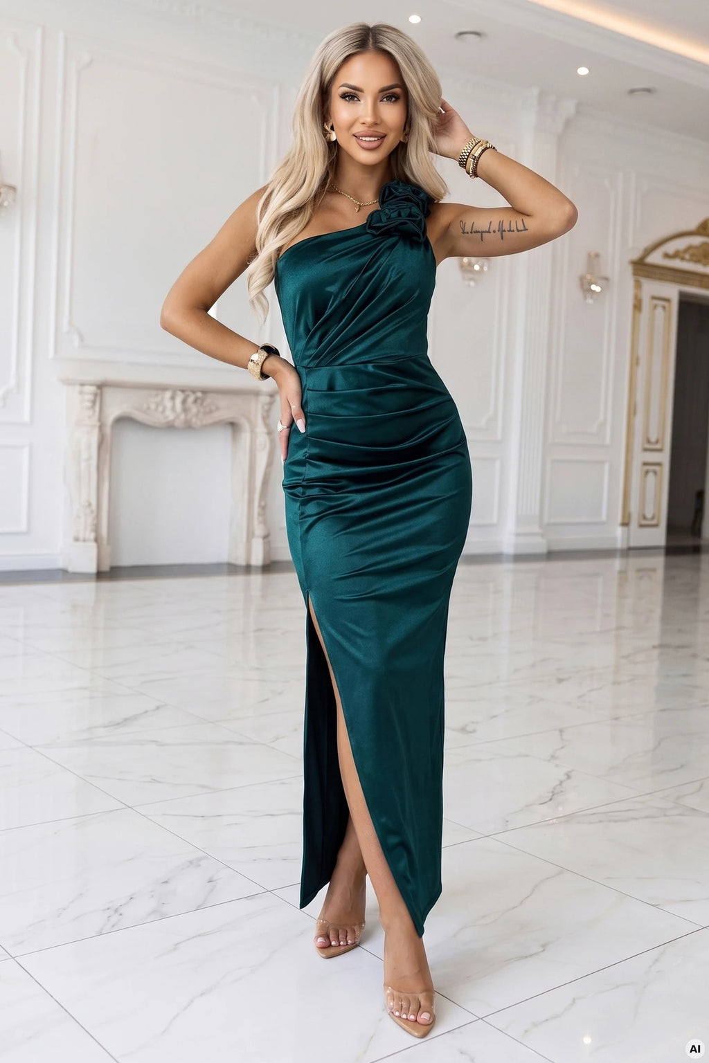 580-7 AURORA Rochie lungă din satin cu un umăr gol și trandafiri - verde sticlă