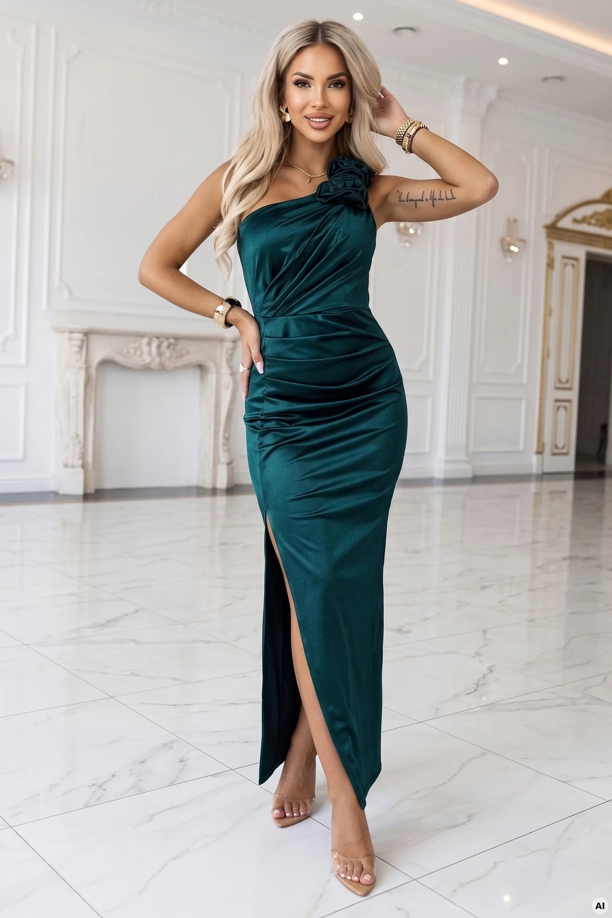 580-7 AURORA Rochie lungă din satin cu un umăr gol și trandafiri - verde sticlă