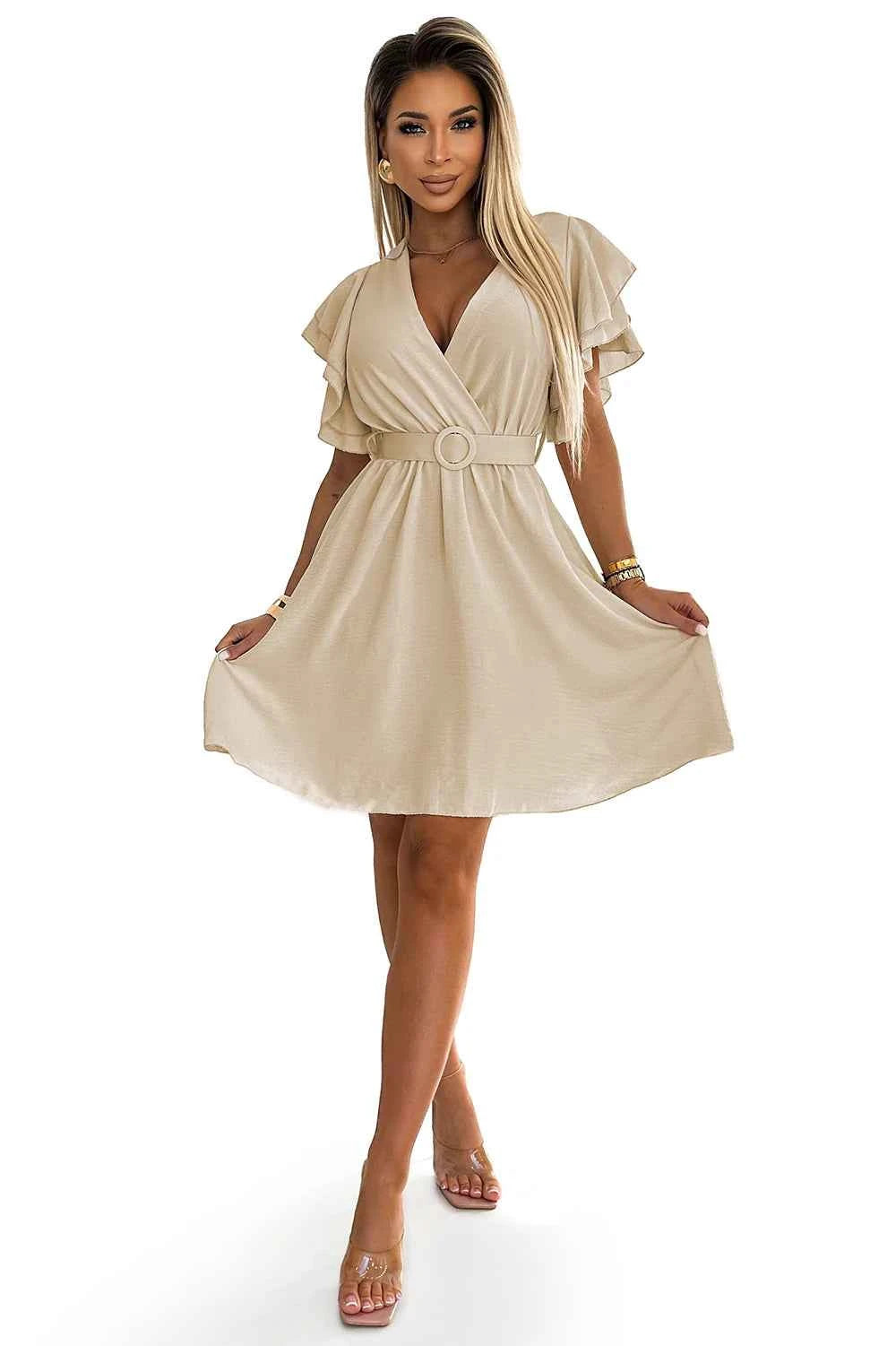 586-1 Rochie de dama cu decolteu plic, maneci si curea - bej