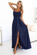589-2 Rochie lungă cu strălucire subtilă și legături la spate cu corset - bleumarin cu sclipici