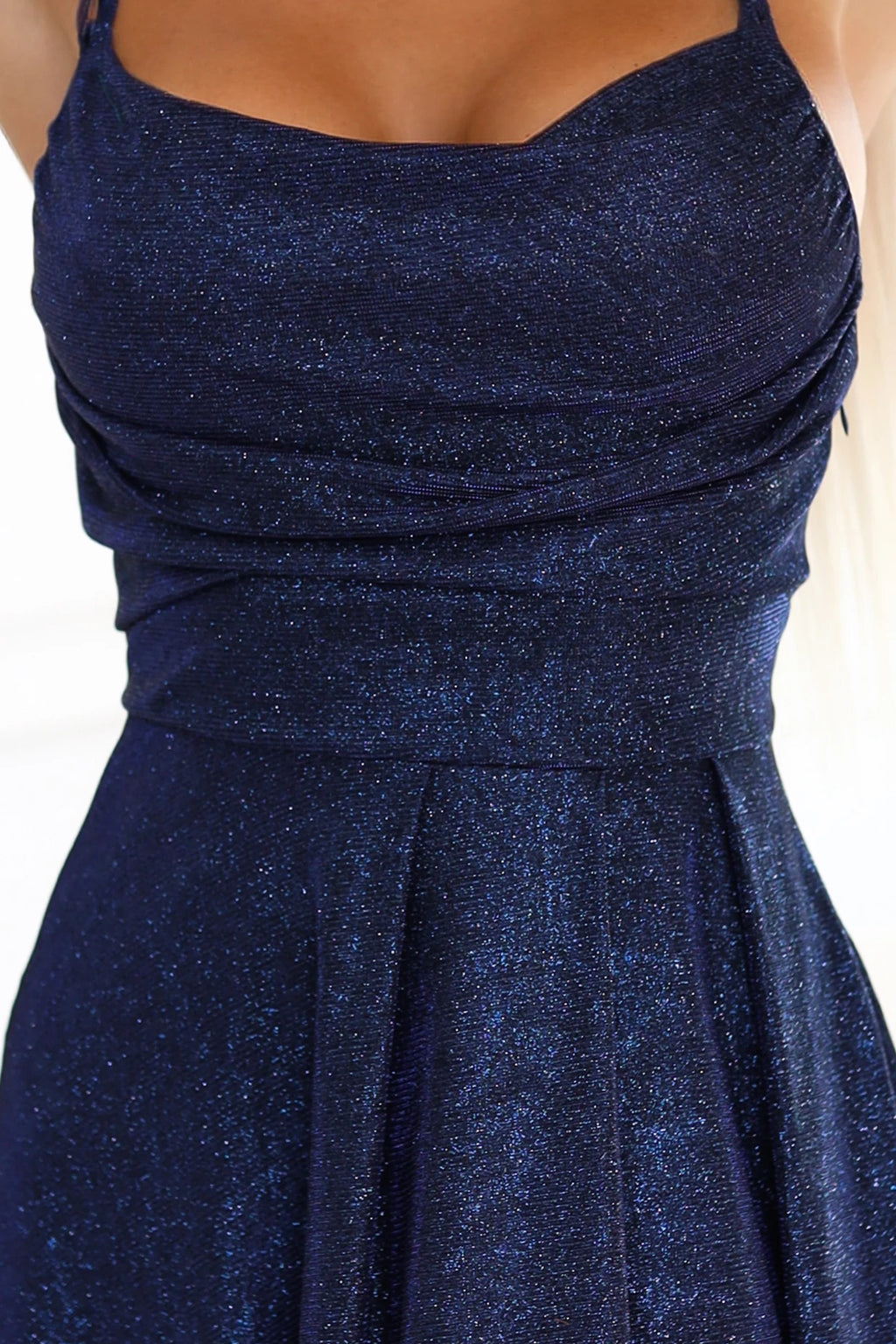 589-2 Rochie lungă cu strălucire subtilă și legături la spate cu corset - bleumarin cu sclipici