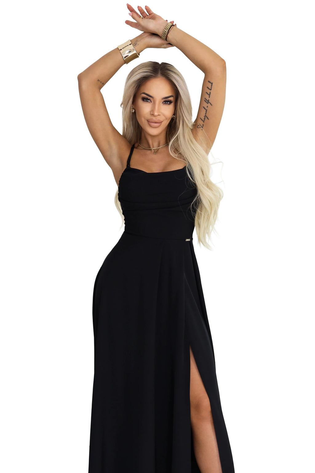 589-5 Rochie maxi cu bretele, corset la spate și crăpătură - neagră