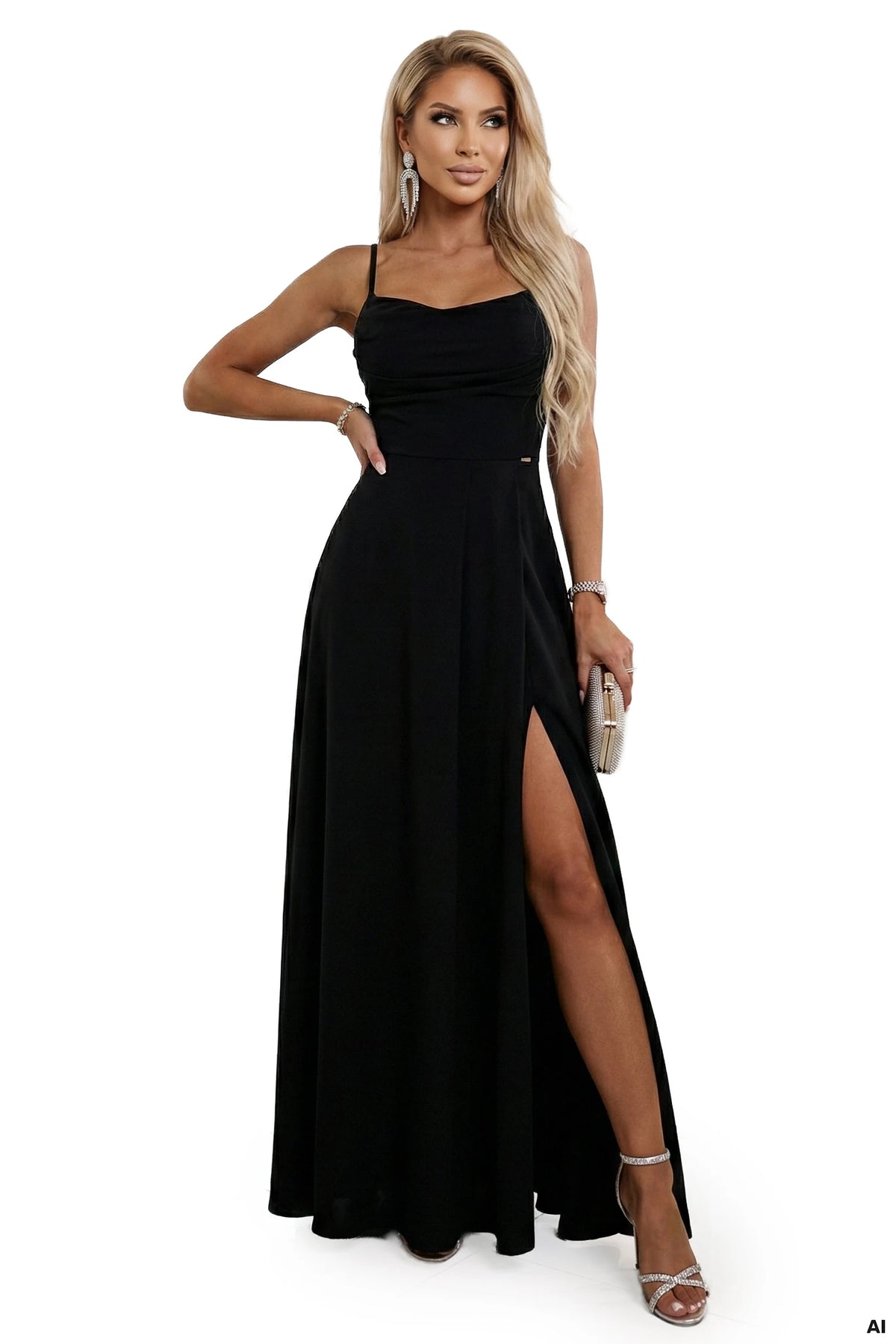589-5 Rochie maxi cu bretele, corset la spate și crăpătură - neagră