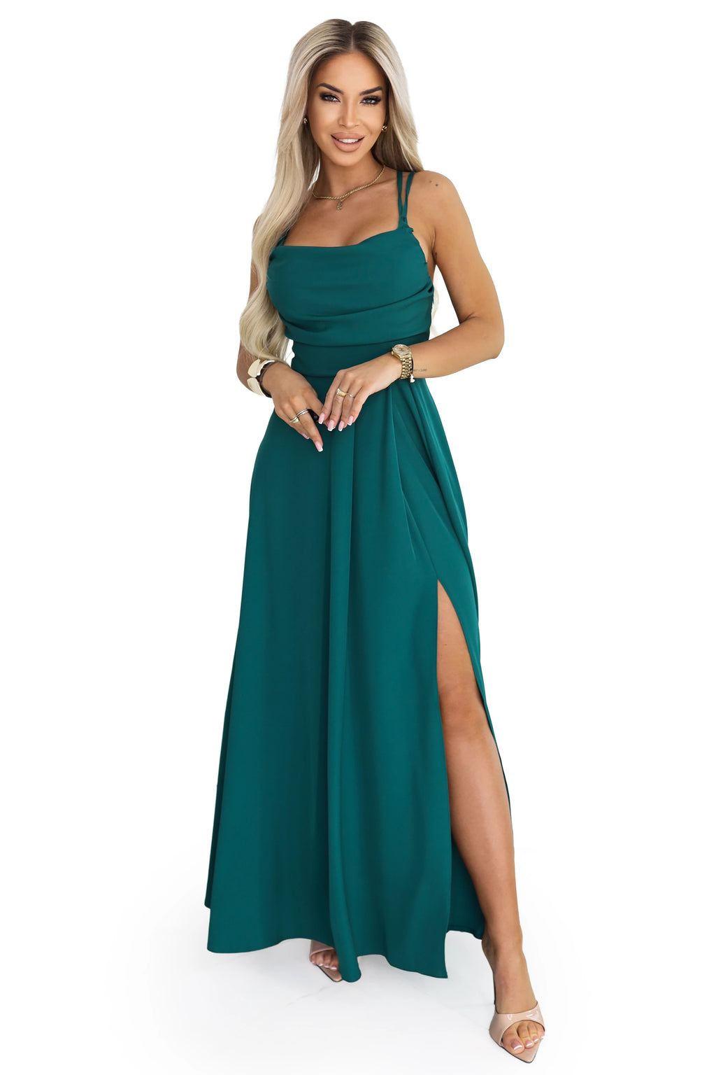 589-6 Rochie maxi cu bretele cu șnurare tip corset pe spate și despicătură - verde sticla