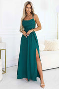 589-6 Rochie maxi cu bretele cu șnurare tip corset pe spate și despicătură - verde sticla