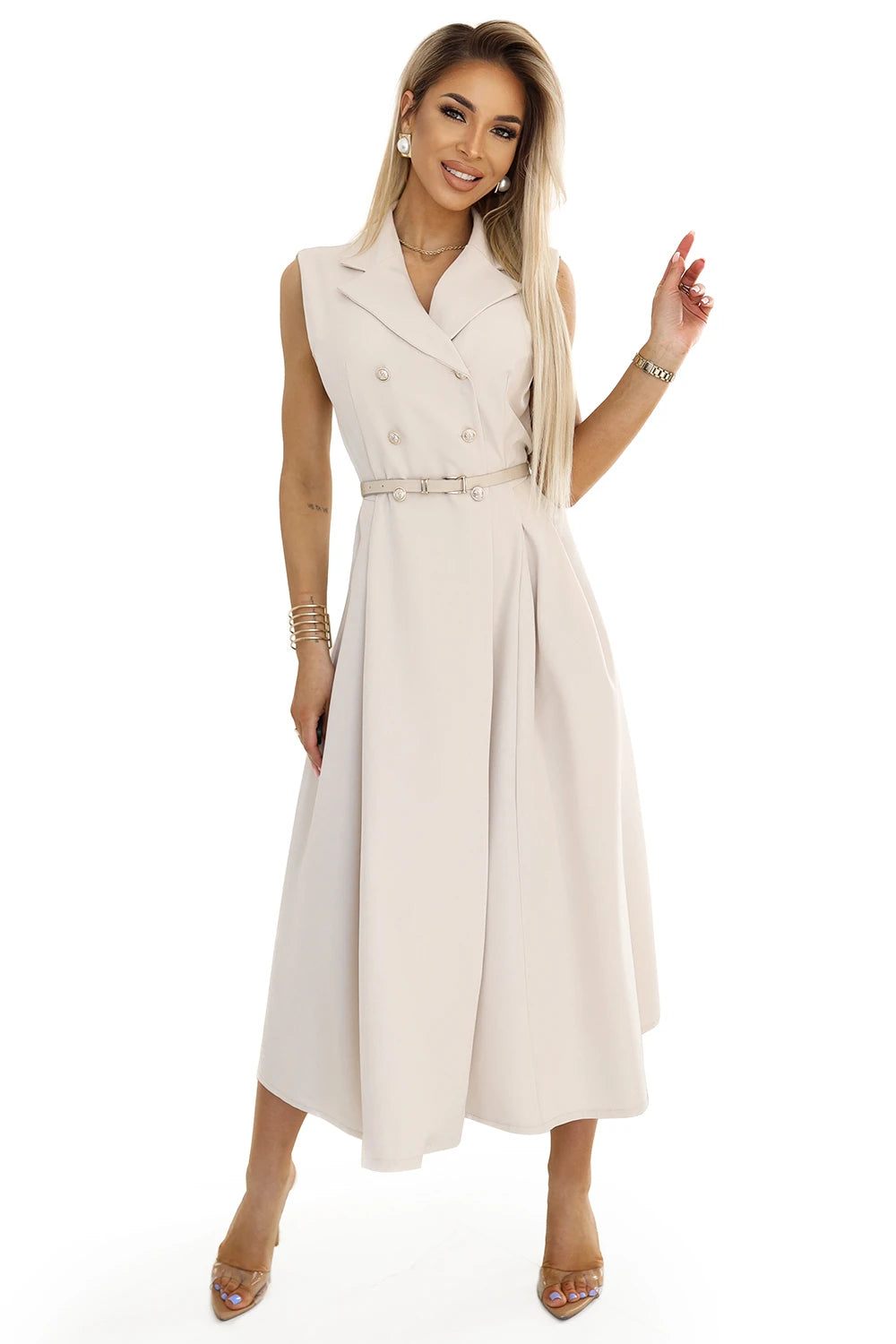 596-1 Rochie eleganta camasa midi cu nasturi si curea aurii - bej