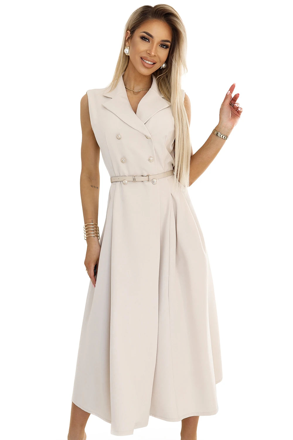 596-1 Rochie eleganta camasa midi cu nasturi si curea aurii - bej
