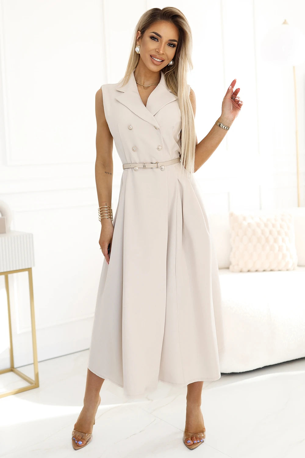 596-1 Rochie eleganta camasa midi cu nasturi si curea aurii - bej
