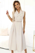 596-1 Rochie eleganta camasa midi cu nasturi si curea aurii - bej