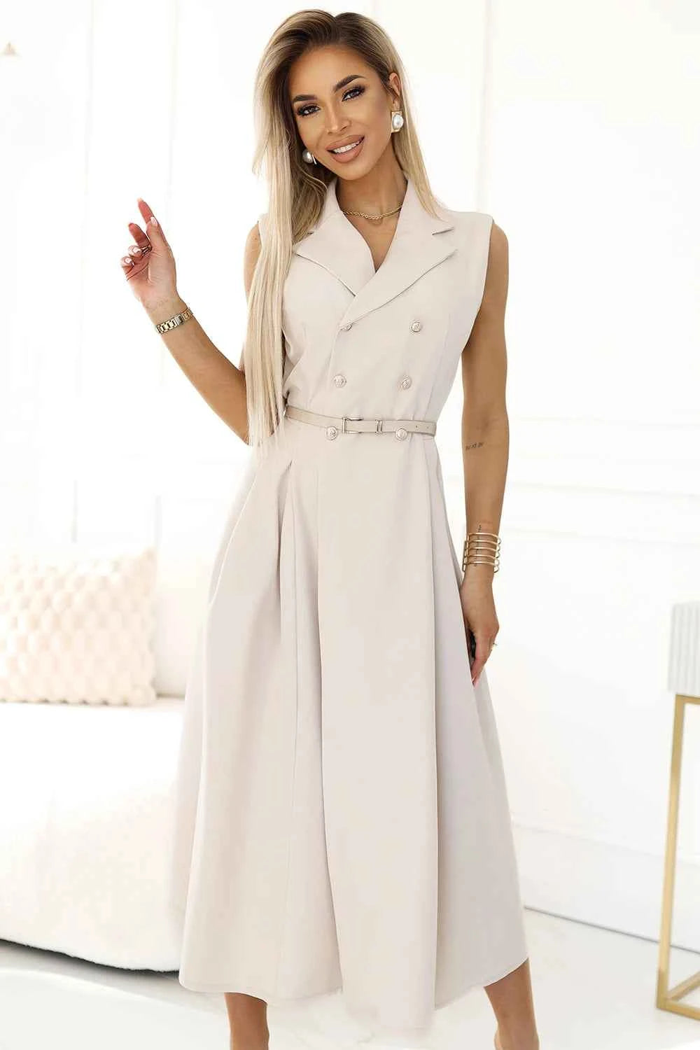 596-1 Rochie eleganta camasa midi cu nasturi si curea aurii - bej