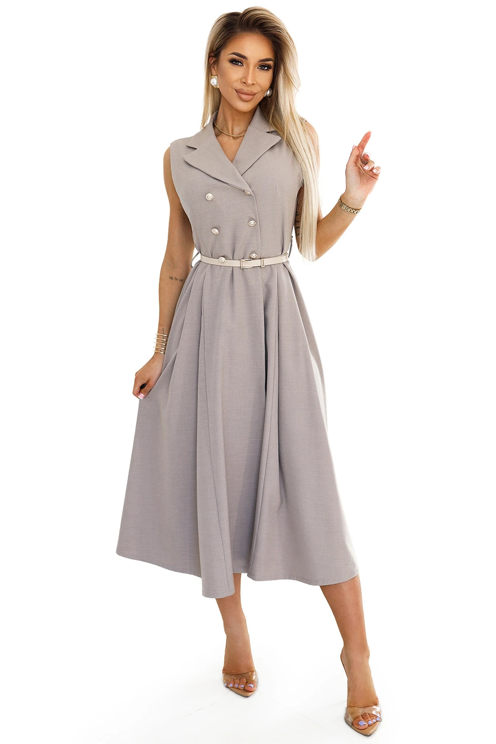 596-2 Rochie camasa midi eleganta cu nasturi si curea aurii - bej gri